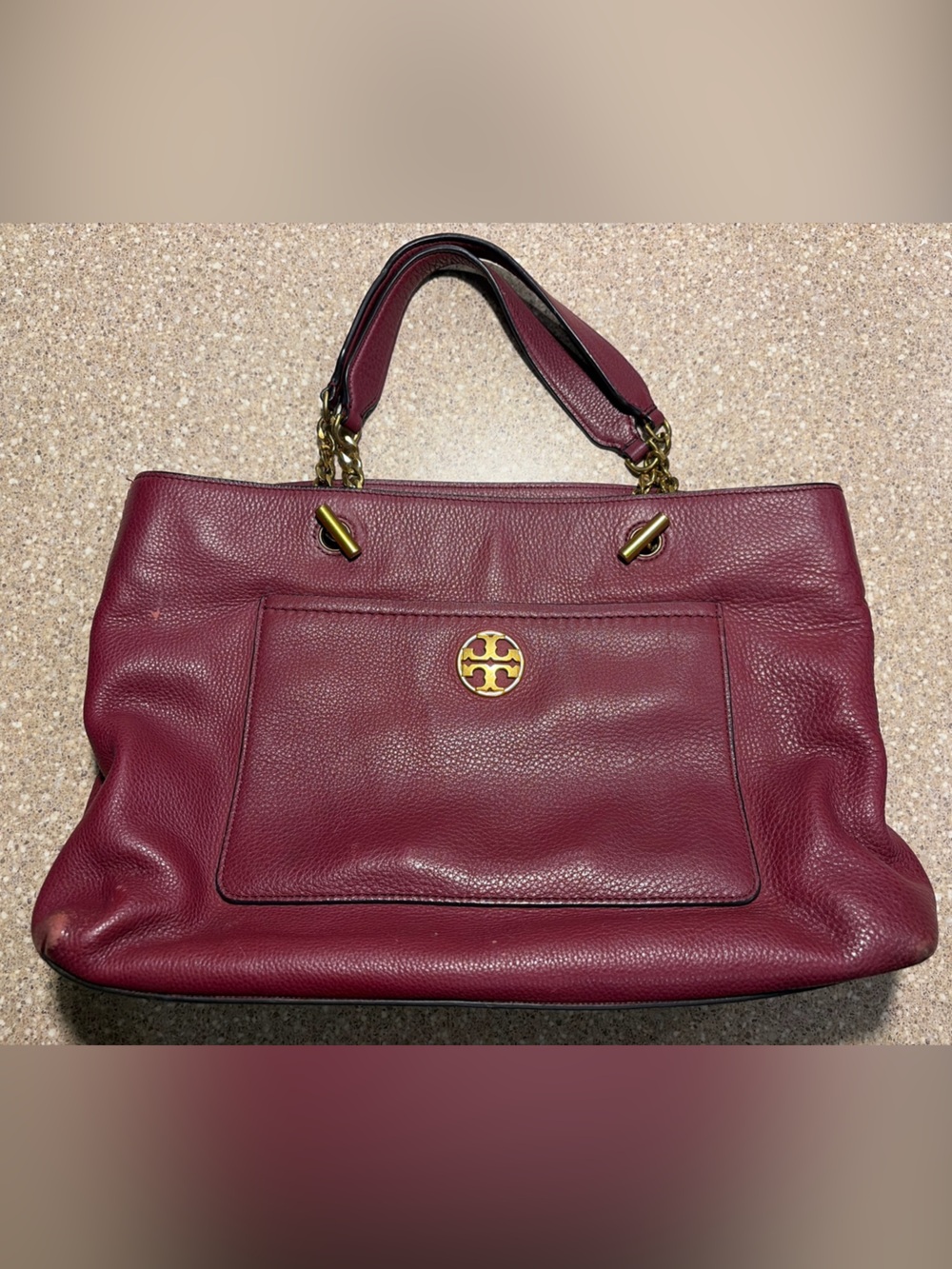 Tory Burch Chelsea Satchel Pebbled Leather Handbag Shoulder Bag Burgundy Gold